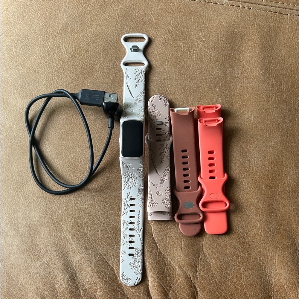 White Floral Smart Fitness Tracker with Interchangeable Bands